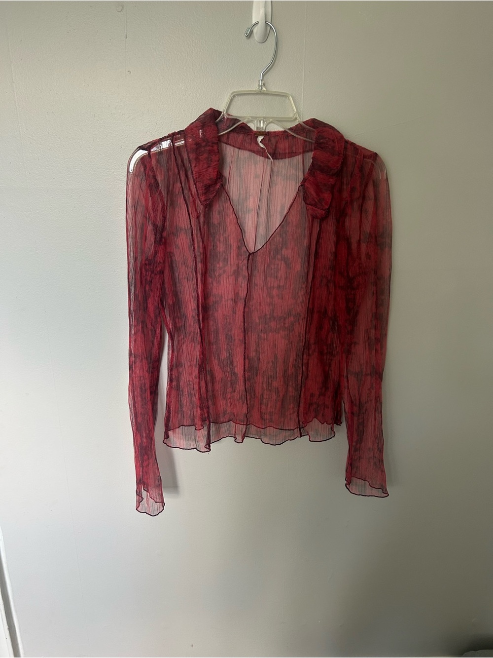 Free People Sheer Red Ruffle V-Neck Blouse